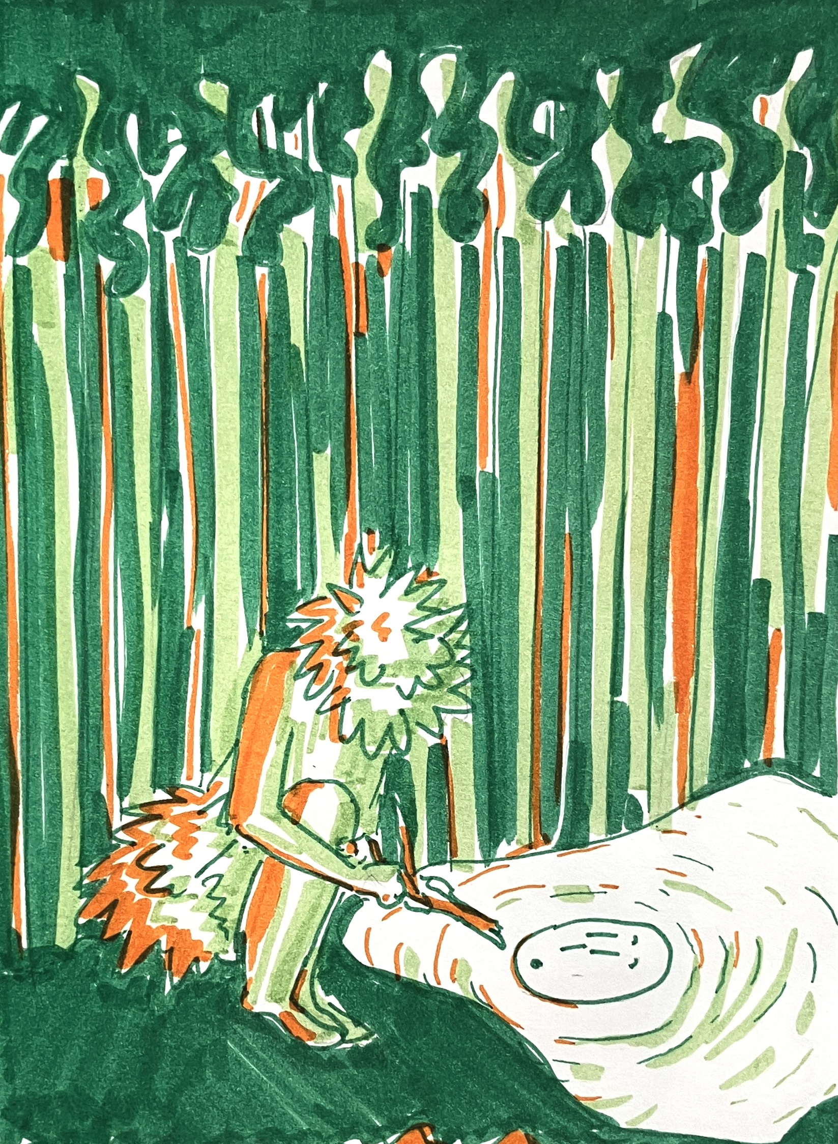 a marker and line drawing. In a forest evoked by green and orange brushtrokes,
                                Tor kneels by a pool of water. In his hand he holds a stick, which he prods at the puddle.
                                On the surface of the water, Ghost's head floats in an expression of suprise, sending ripples outward.